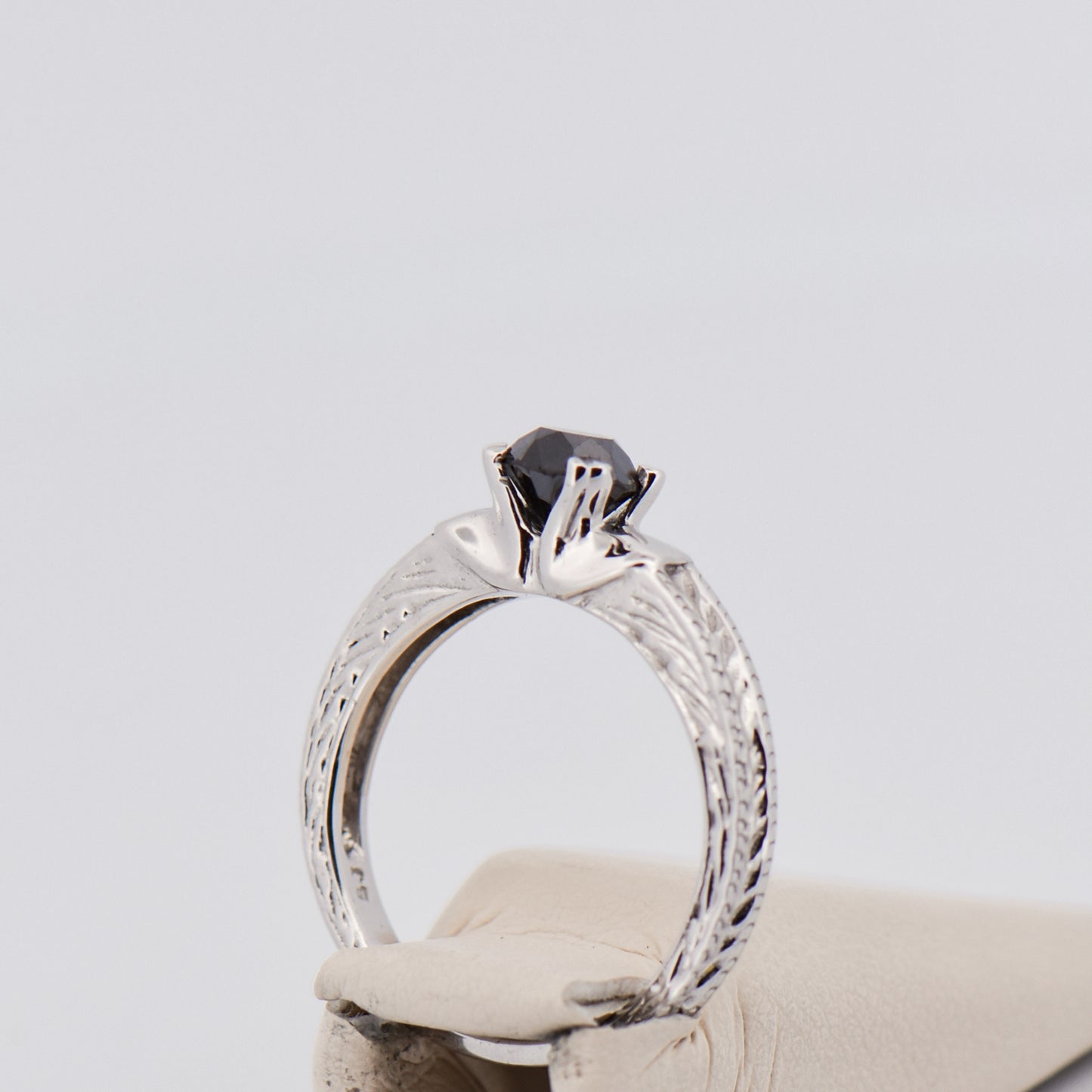 Black Diamond Solitaire Ring with Engraved Band