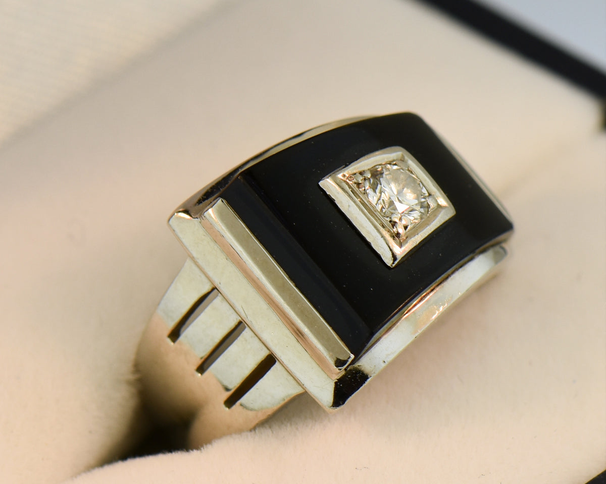 Art Deco Gent's Buckle Ring with Black Onyx & Diamond