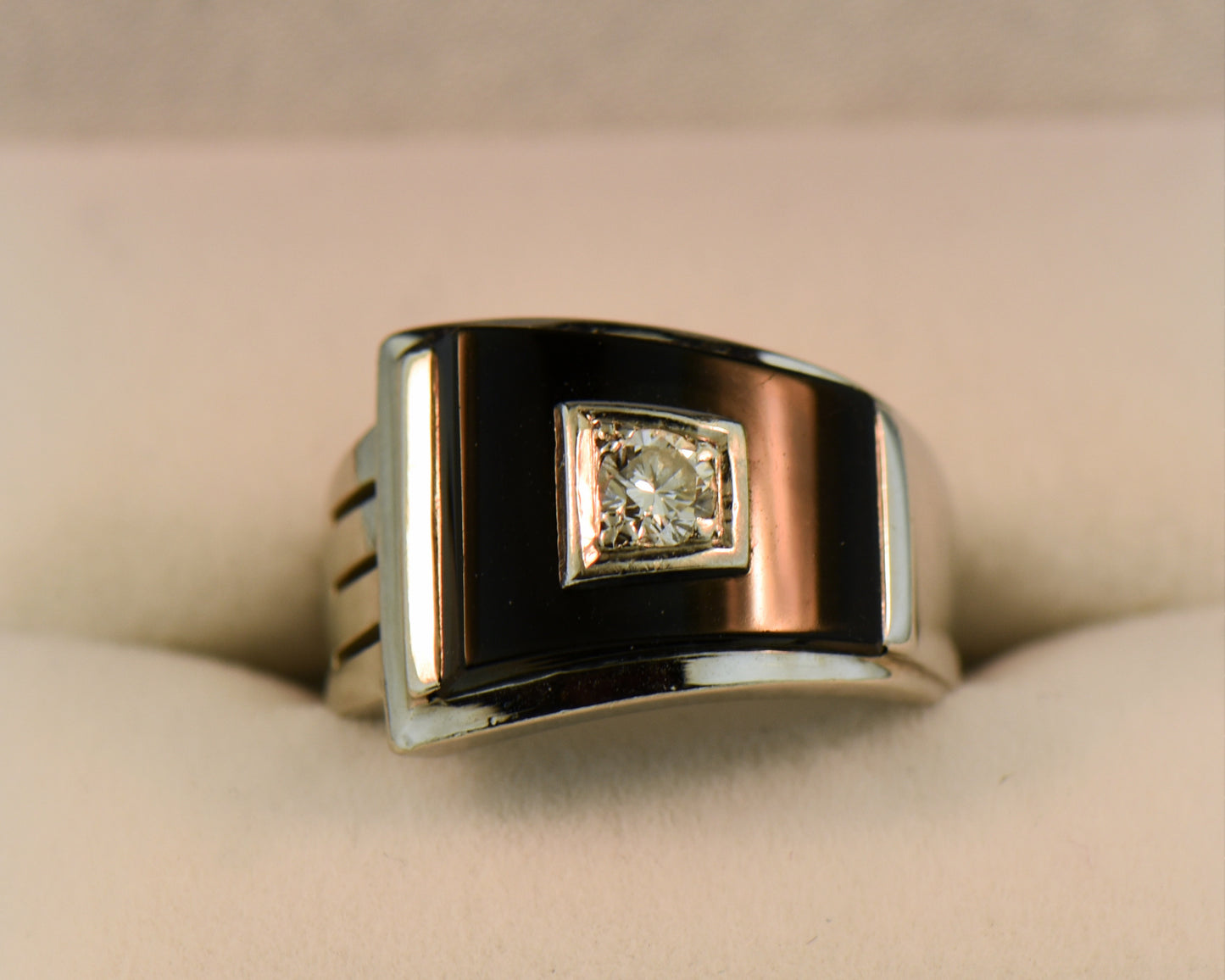 Art Deco Gent's Buckle Ring with Black Onyx & Diamond