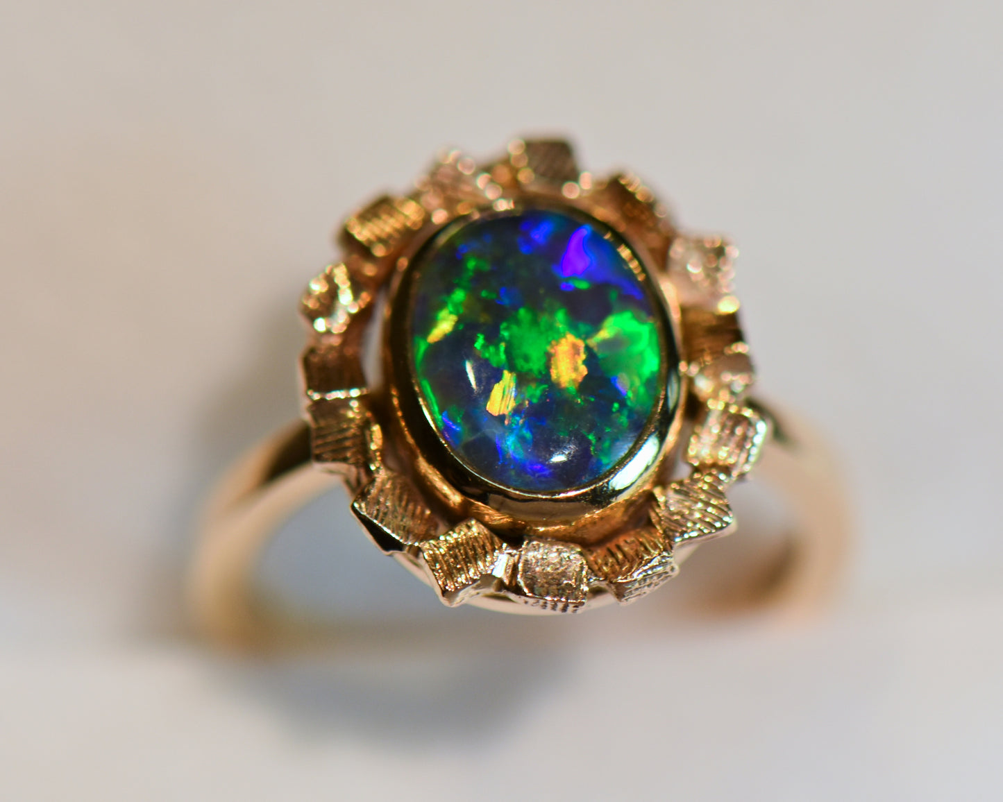 Mid-Century Gold Ring with Lightning Ridge Black Opal