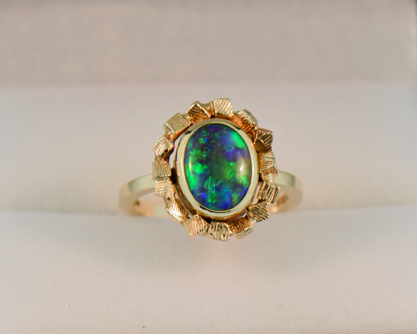 Mid-Century Gold Ring with Lightning Ridge Black Opal