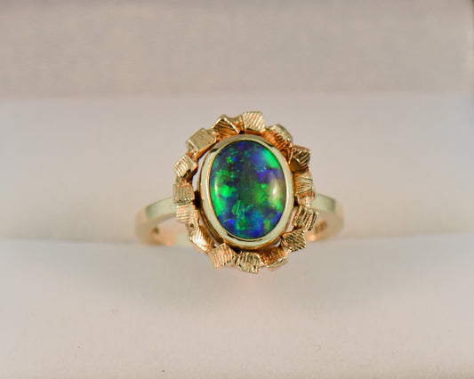 Mid-Century Gold Ring with Lightning Ridge Black Opal
