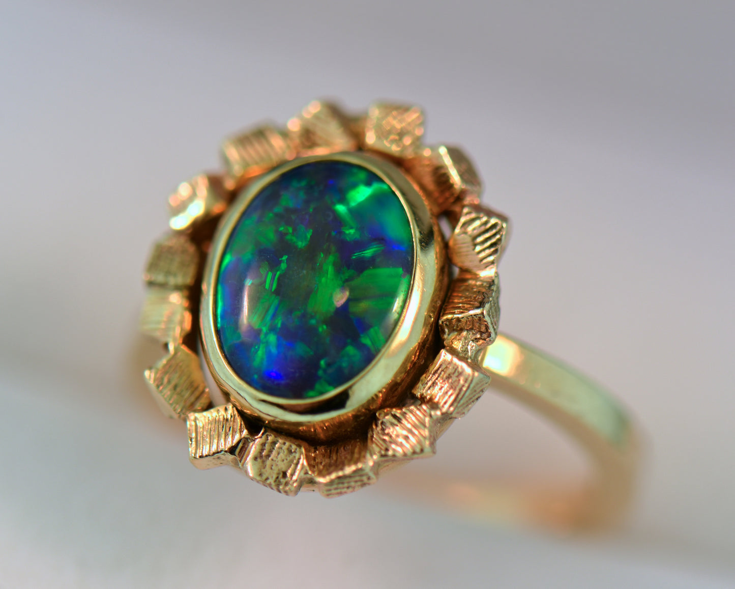 Mid-Century Gold Ring with Lightning Ridge Black Opal