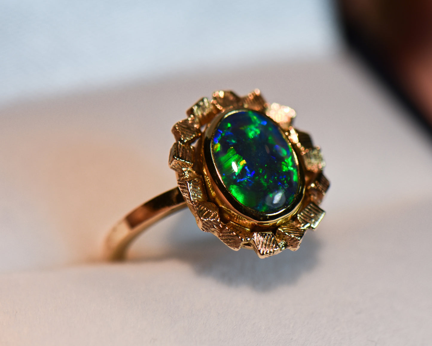 Mid-Century Gold Ring with Lightning Ridge Black Opal