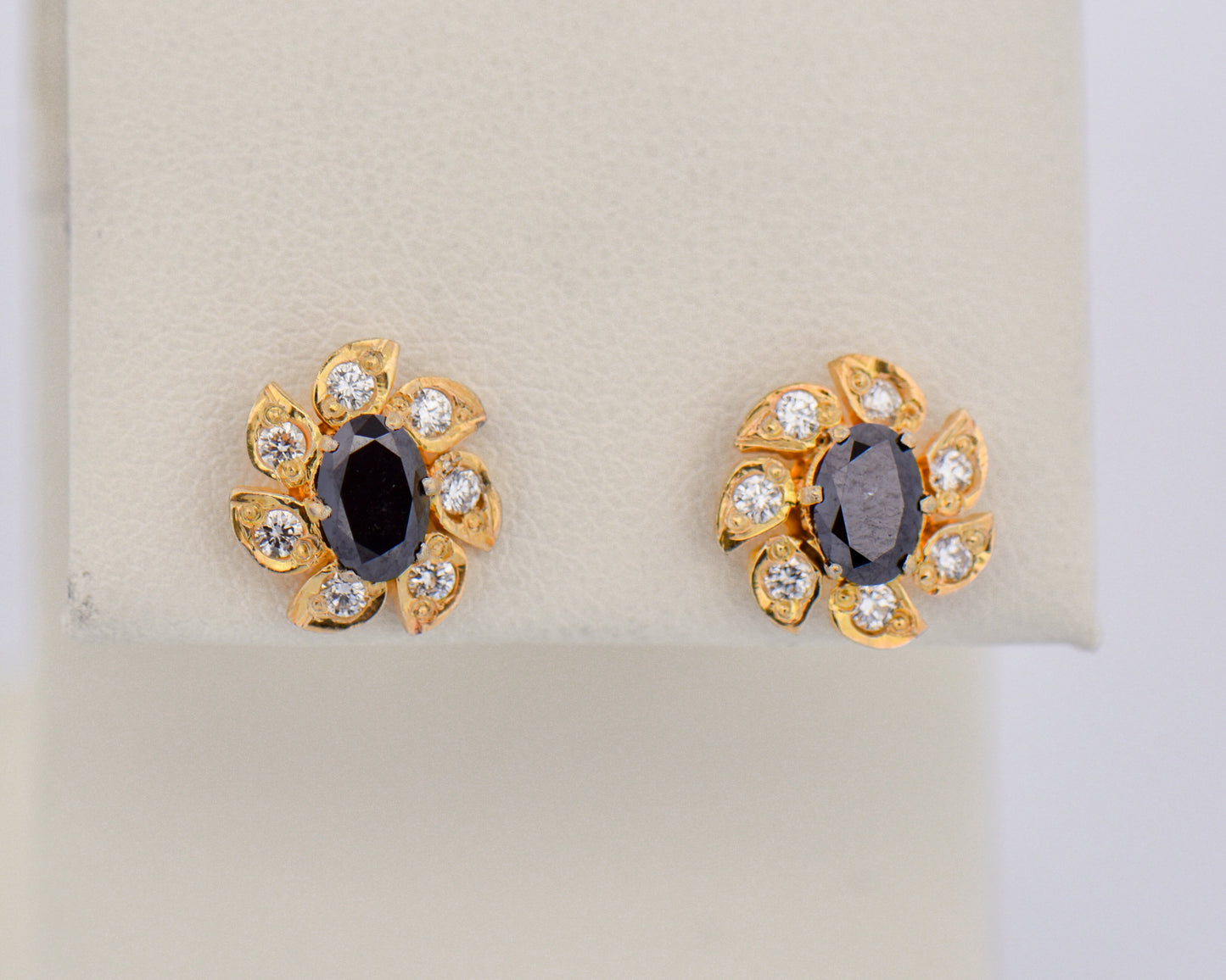 Vintage Black Diamond Floral Oval Stud Earrings
