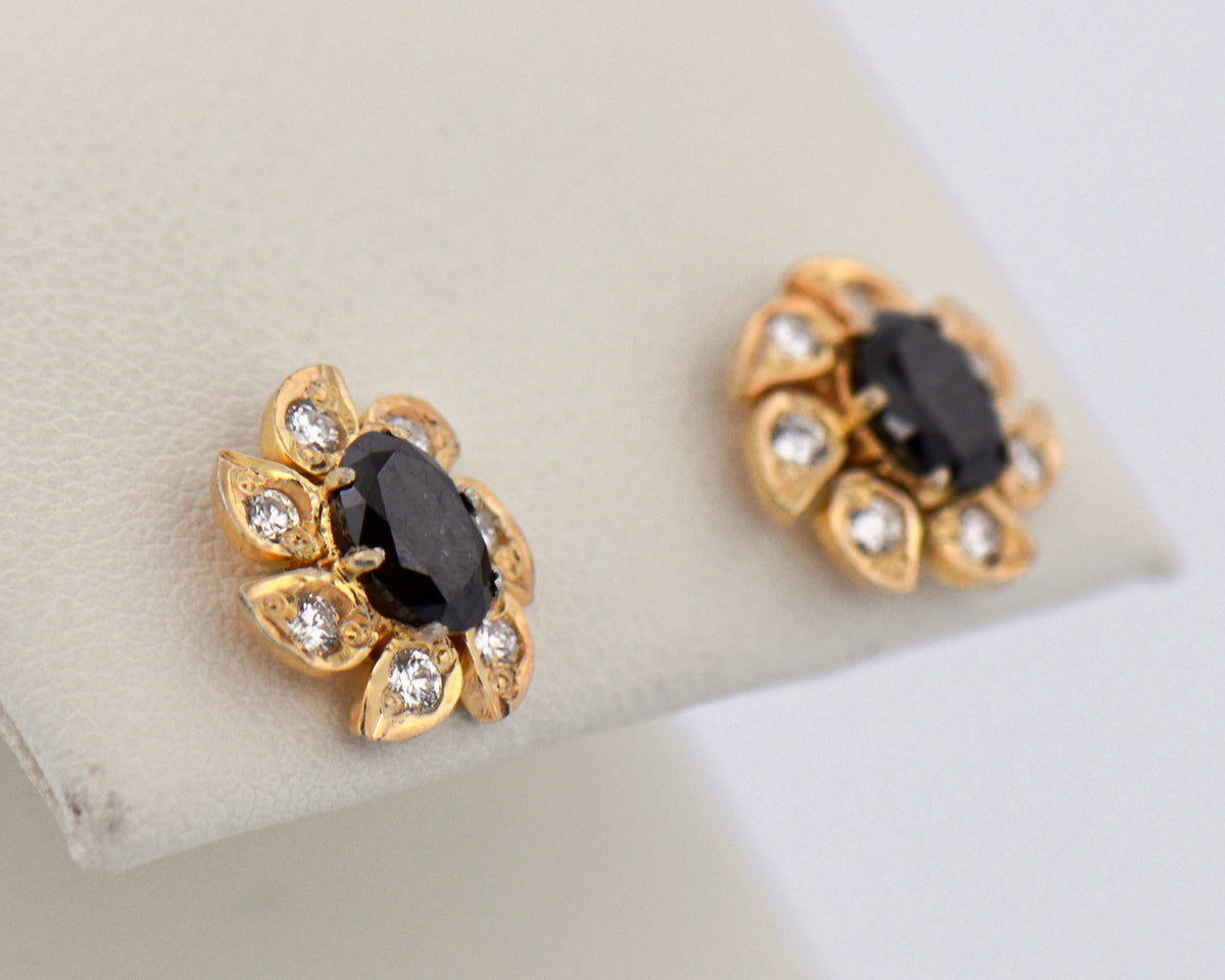 Vintage Black Diamond Floral Oval Stud Earrings