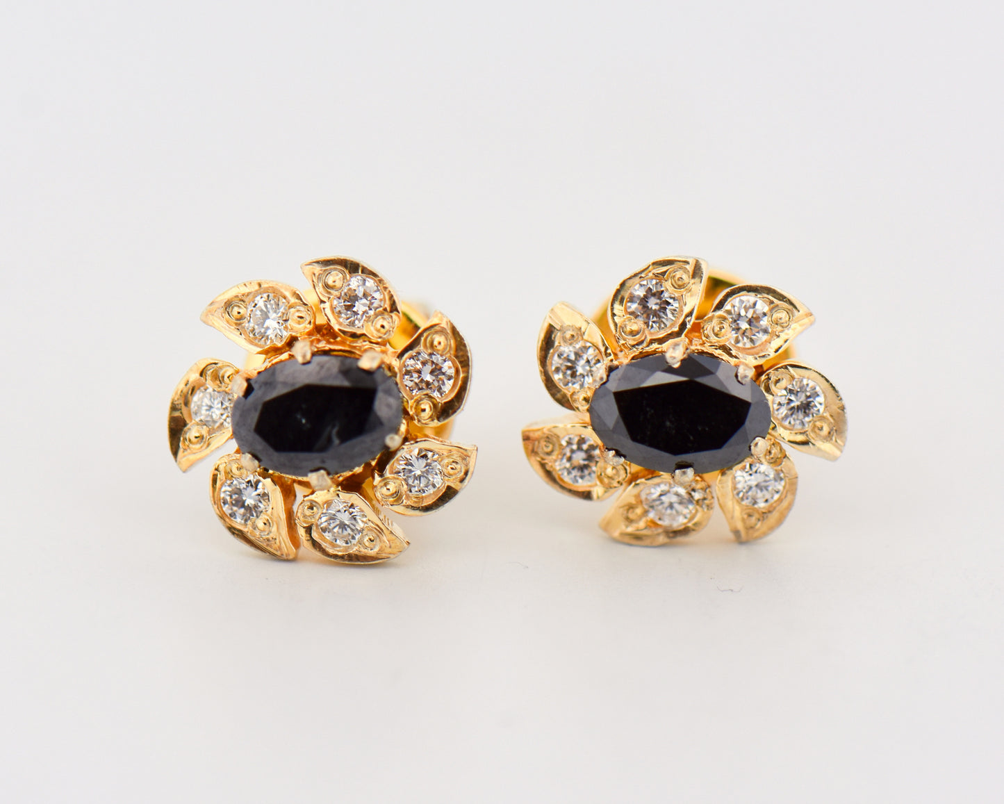 Vintage Black Diamond Floral Oval Stud Earrings
