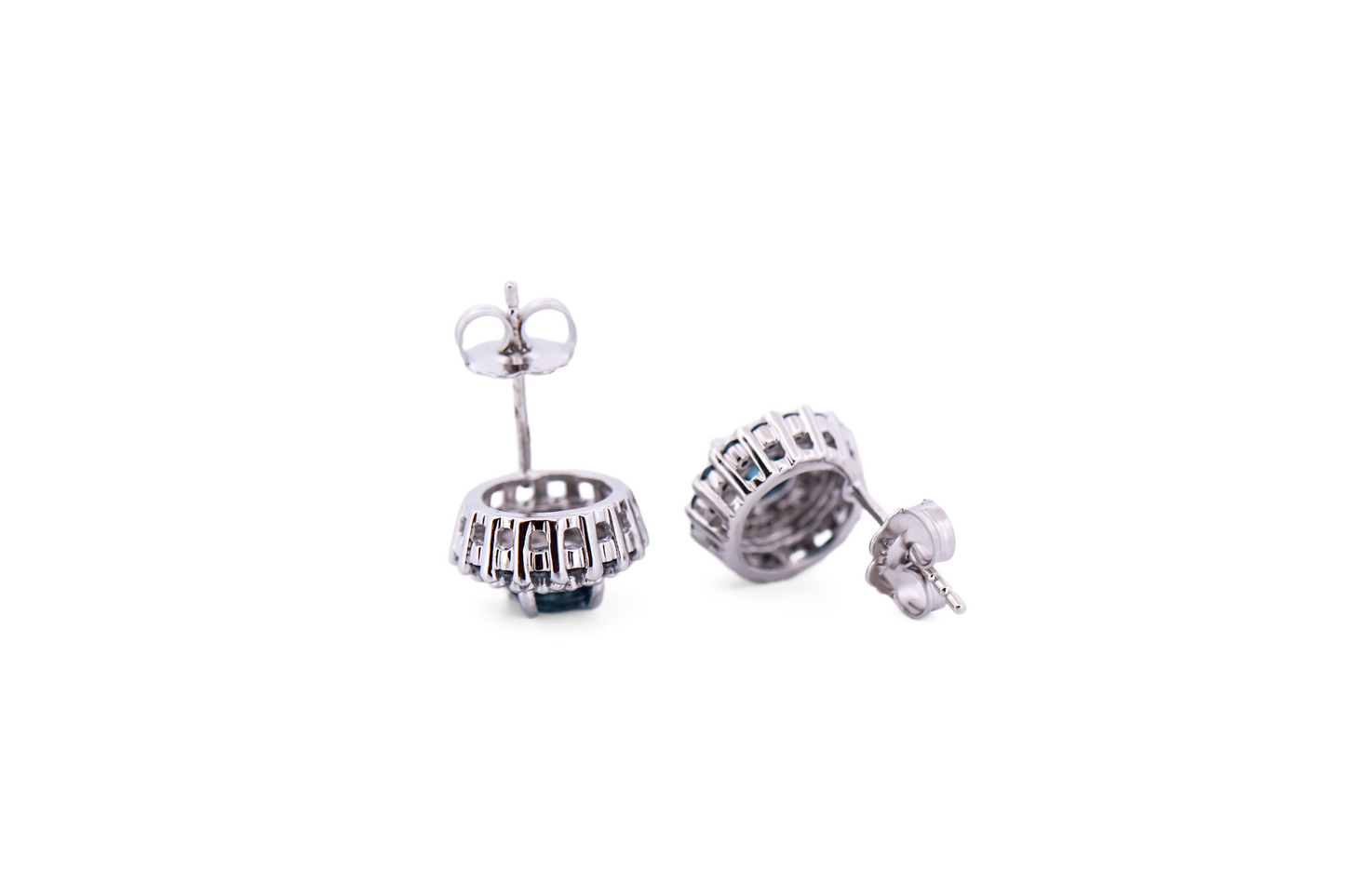Blue Diamond Halo Stud Earrings in White Gold