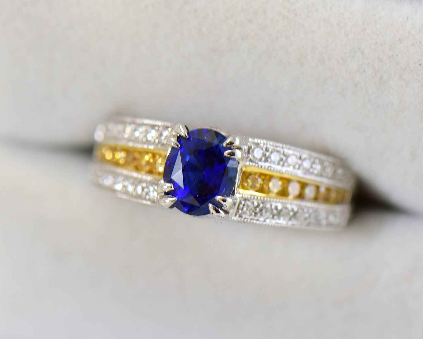 Untreated Blue Sapphire Ring set with White & Yellow Diamonds