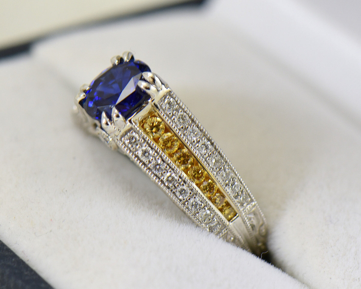 Untreated Blue Sapphire Ring set with White & Yellow Diamonds