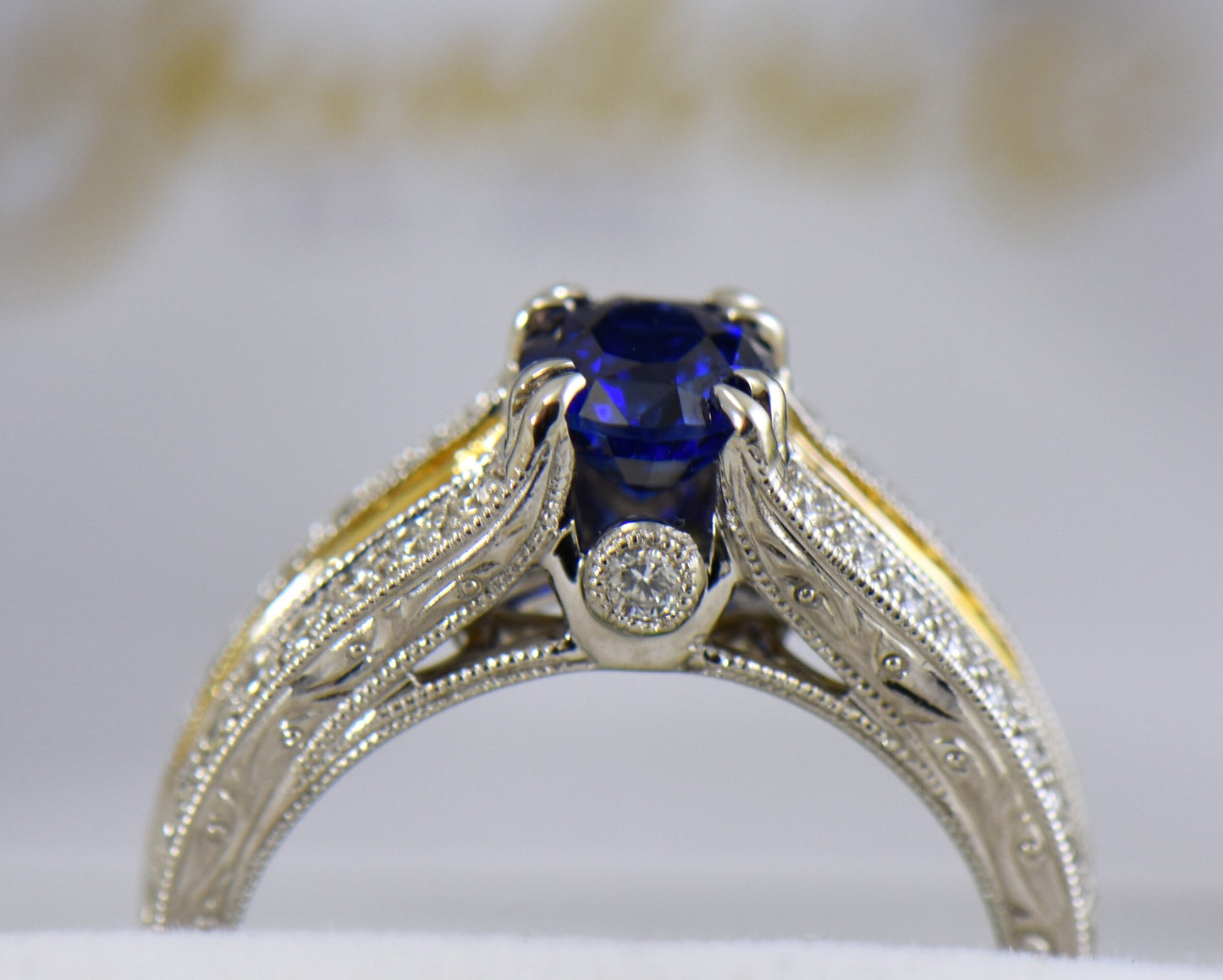 Untreated Blue Sapphire Ring set with White & Yellow Diamonds