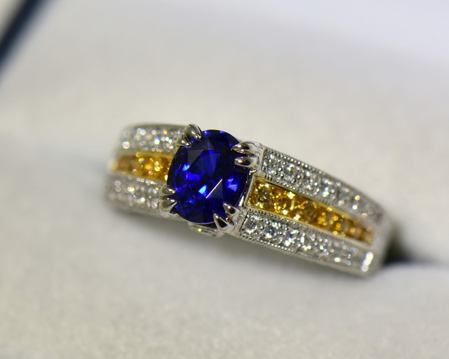 Untreated Blue Sapphire Ring set with White & Yellow Diamonds