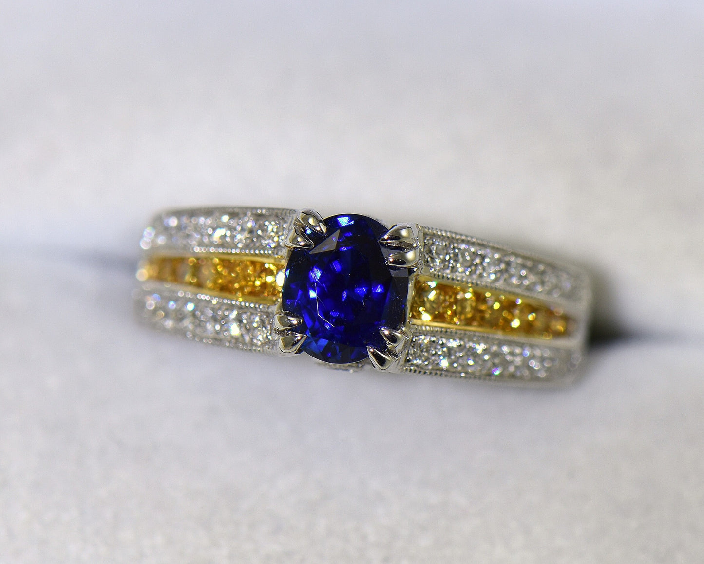 Untreated Blue Sapphire Ring set with White & Yellow Diamonds