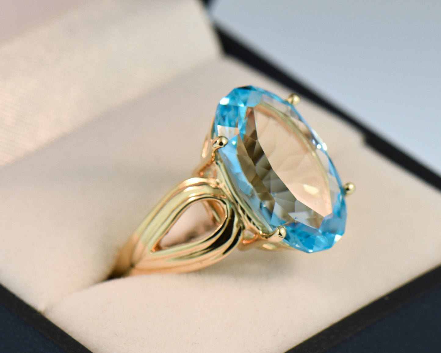 Custom Cut Swiss Blue Topaz Cocktail Ring