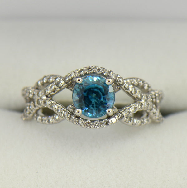 Custom Blue Zircon & Diamond Ring with White Gold