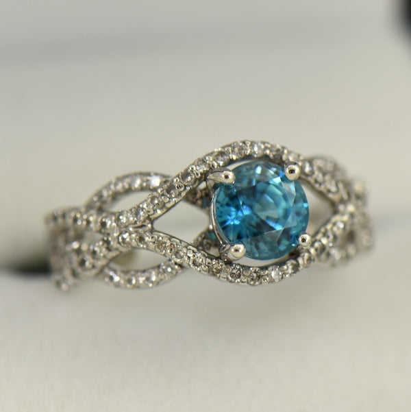 Custom Blue Zircon & Diamond Ring with White Gold