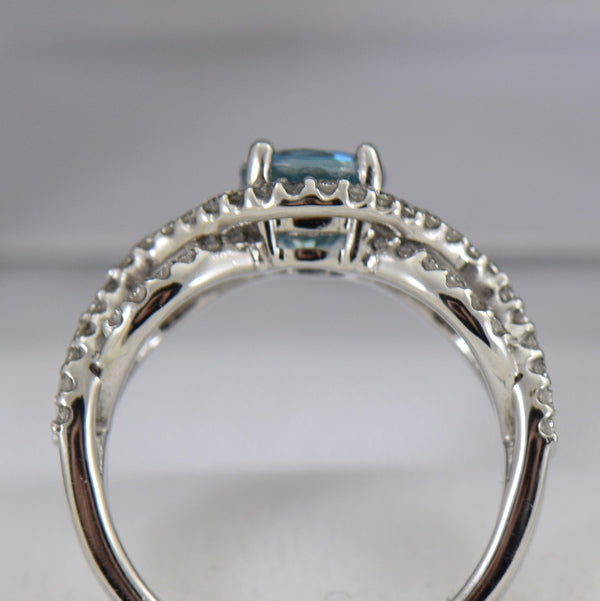 Custom Blue Zircon & Diamond Ring with White Gold