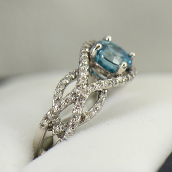 Custom Blue Zircon & Diamond Ring with White Gold