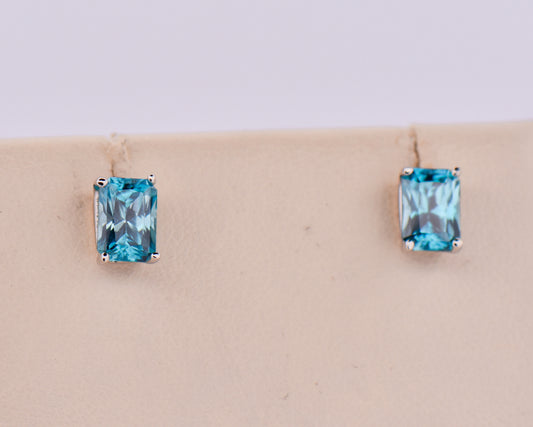 Radiant Cut Blue Zircon Stud Earrings