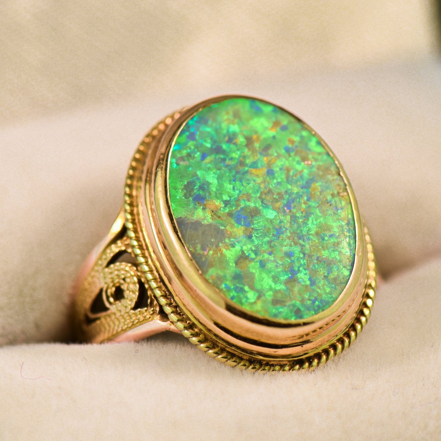 Top Quality Boulder Opal Set in Rope-Style Gold Ring