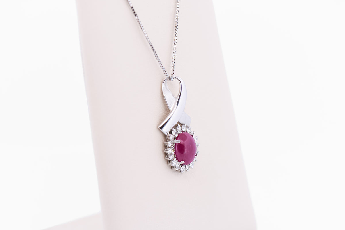 Cabochon Ruby & Diamond Pendant - Breast Cancer Survivor Ribbon