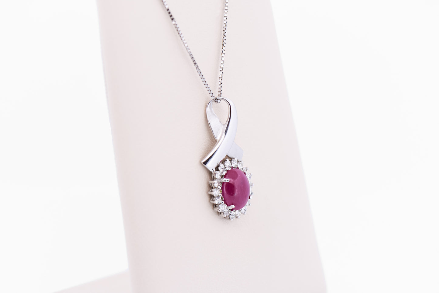 Cabochon Ruby & Diamond Pendant - Breast Cancer Survivor Ribbon