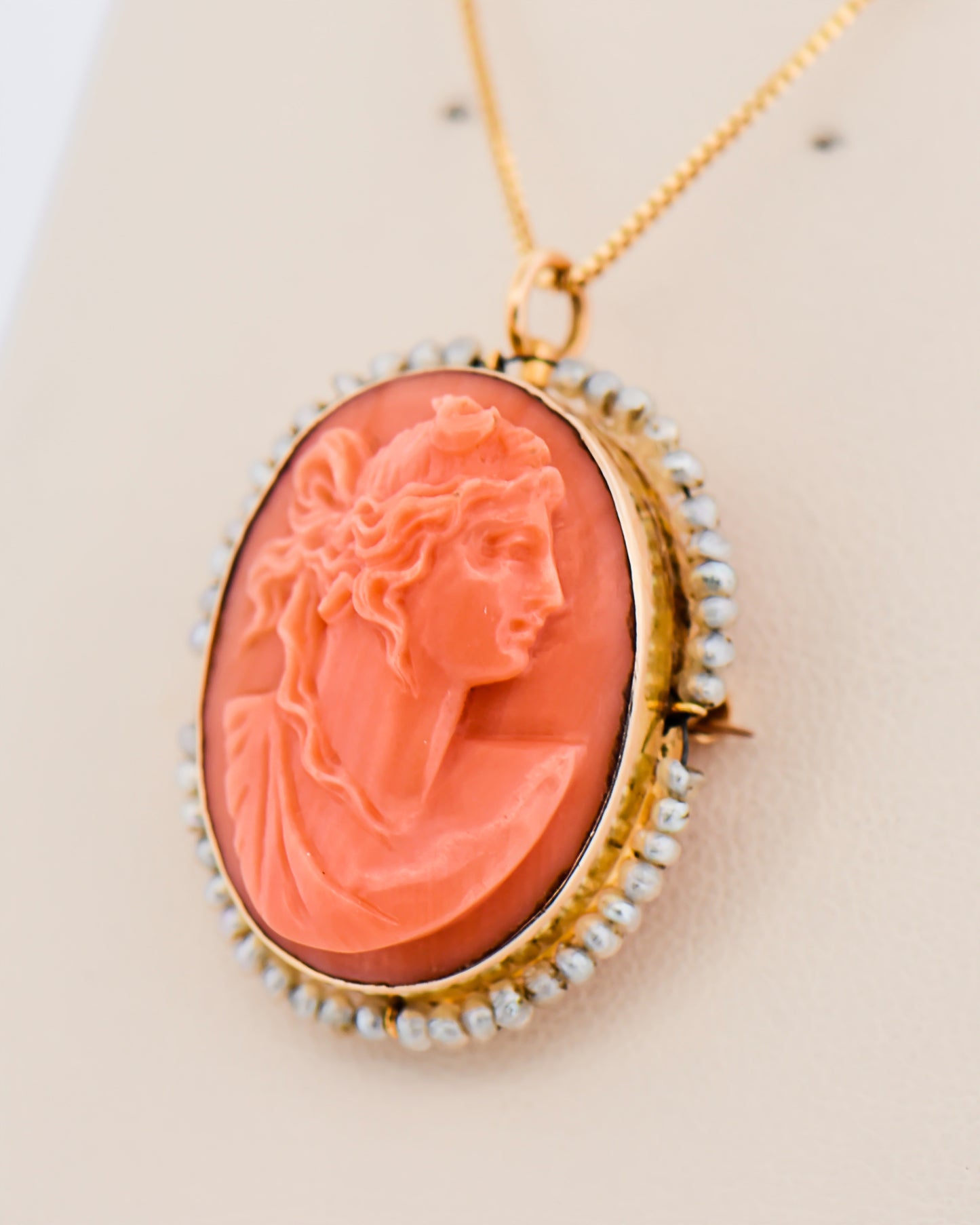 Carved Coral Cameo Pen/Pendant with Pearl Frame