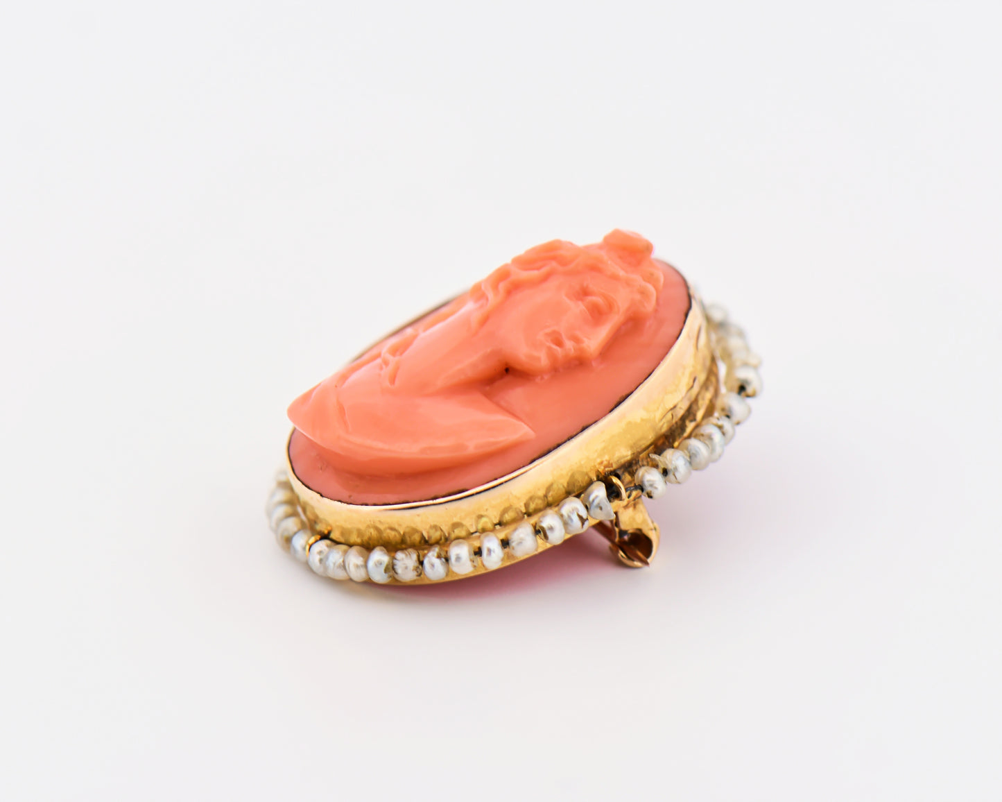 Carved Coral Cameo Pen/Pendant with Pearl Frame