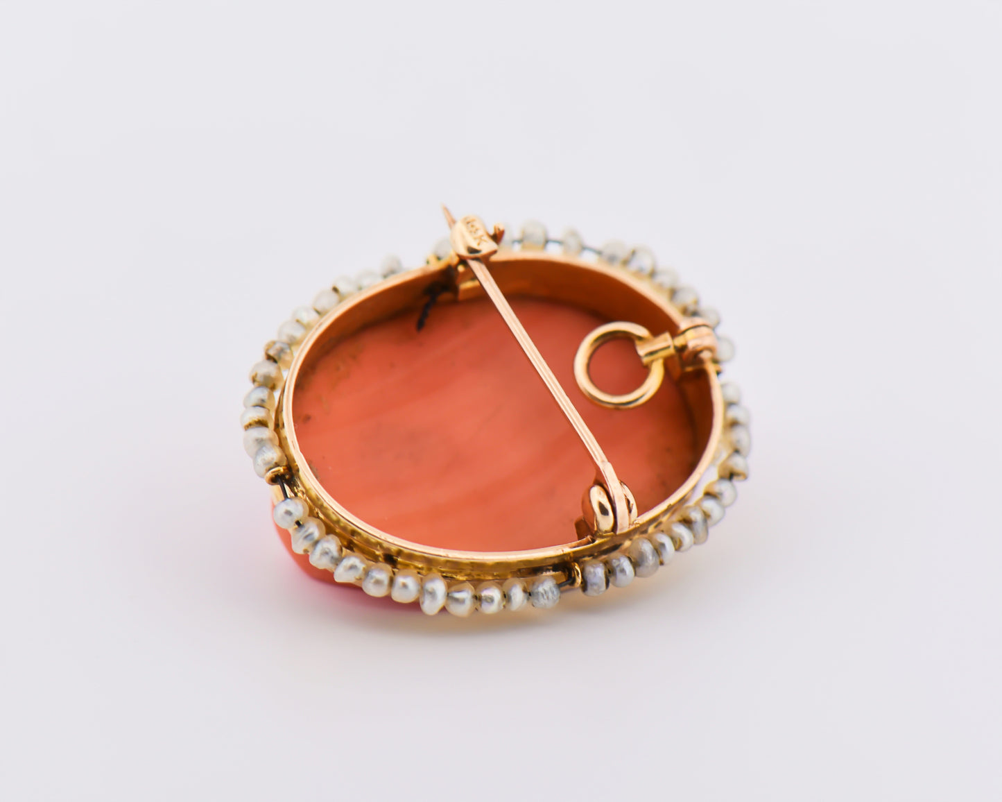 Carved Coral Cameo Pen/Pendant with Pearl Frame