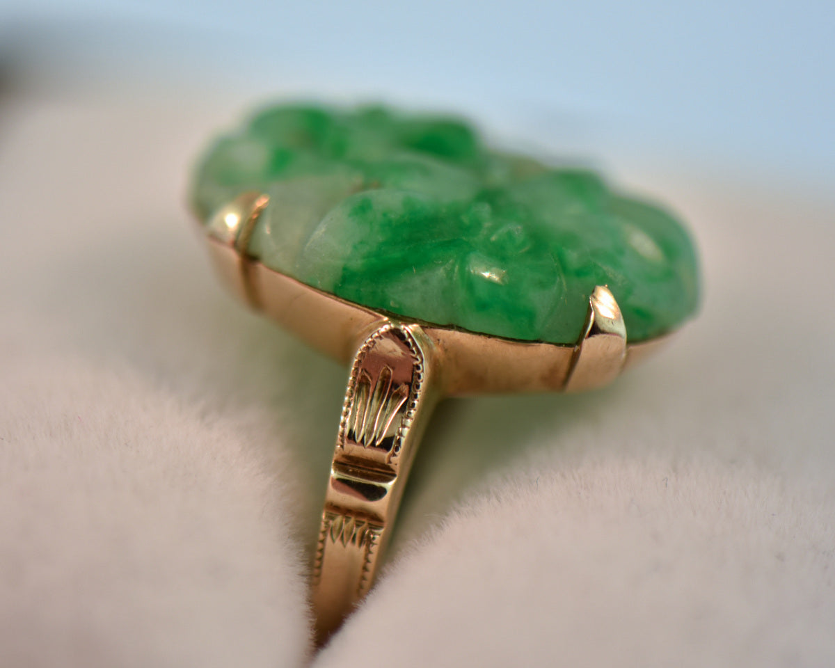 Art Deco Carved Green Jadeite Jade Ring