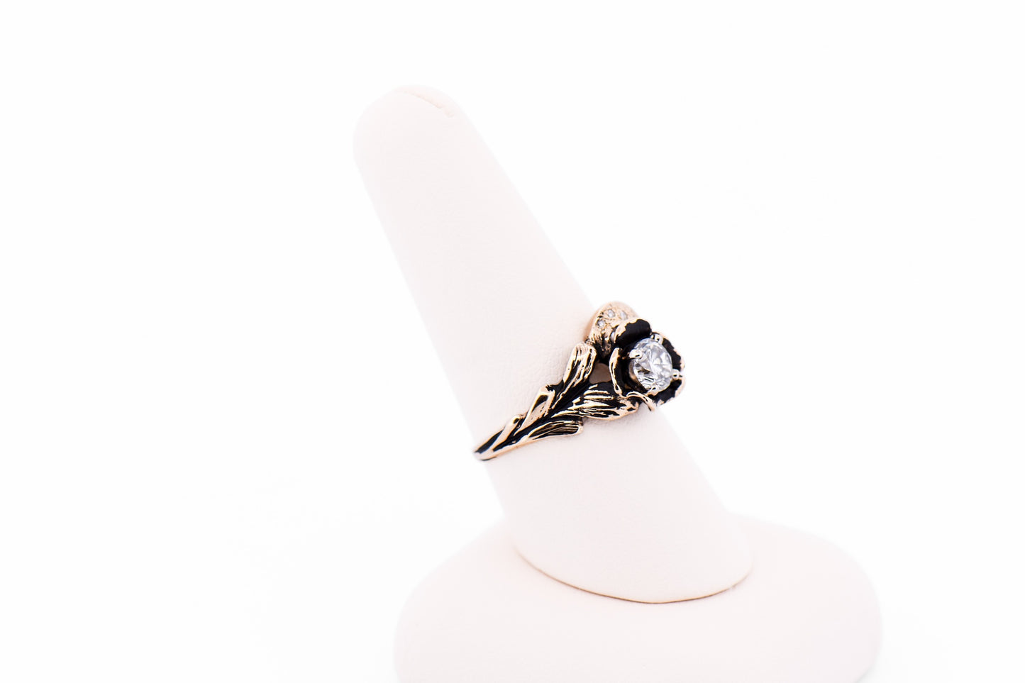 Carved Rose Engagement Ring with Natural Diamonds in Antiqued Yellow Gold