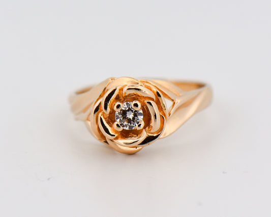 Estate Carved Rose Ring with Diamond Center