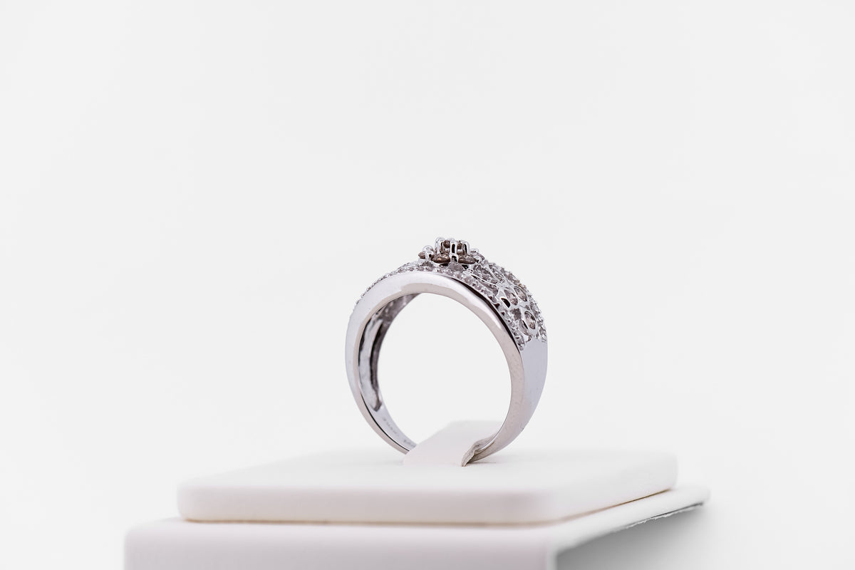 Champagne & White Diamond Floral Right-Hand Ring in White Gold