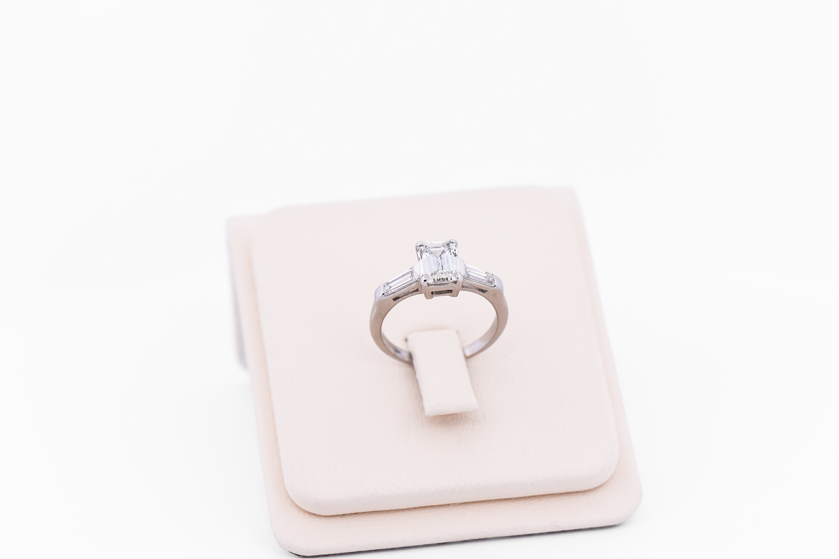 Classic Emerald Cut Diamond Engagement Ring with Baguette Accents