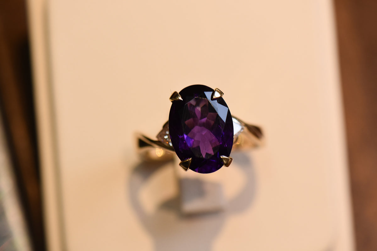 Custom Amethyst Engagement Ring with Trillion Diamond Accents