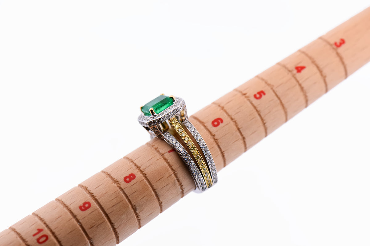 Custom Colombian Emerald Ring with Diamond Encrusted 18k Two Tone Setting