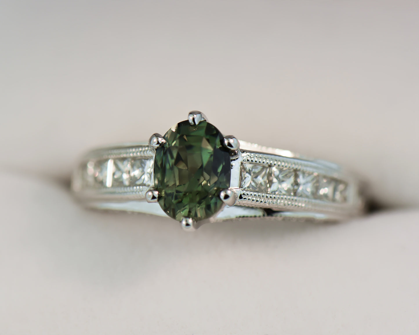 Custom Green Sapphire & Channel Set Diamond Engagement Ring