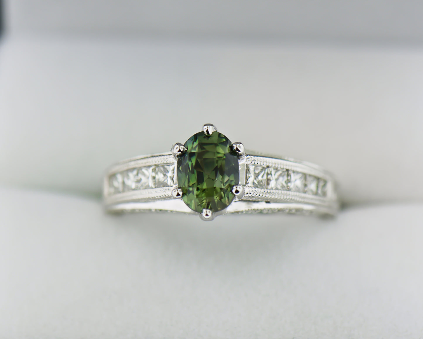 Custom Green Sapphire & Channel Set Diamond Engagement Ring