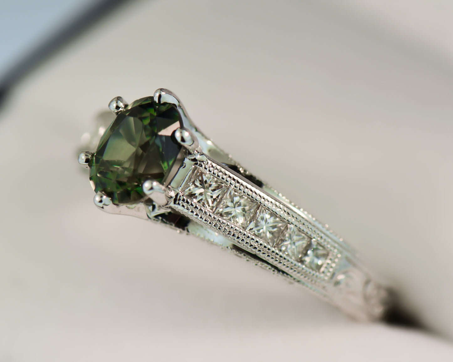 Custom Green Sapphire & Channel Set Diamond Engagement Ring