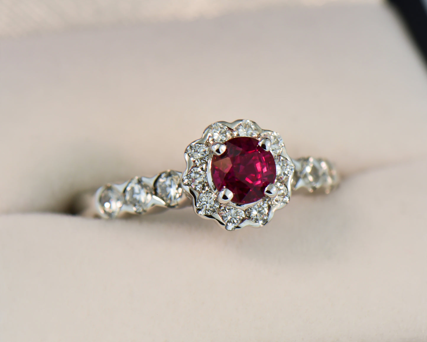 Custom Halo Engagement Ring with 1ct Round Burmese Pink-Red Ruby