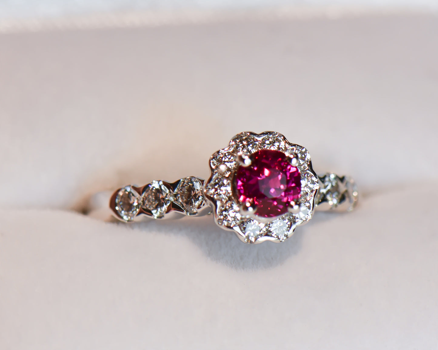 Custom Halo Engagement Ring with 1ct Round Burmese Pink-Red Ruby
