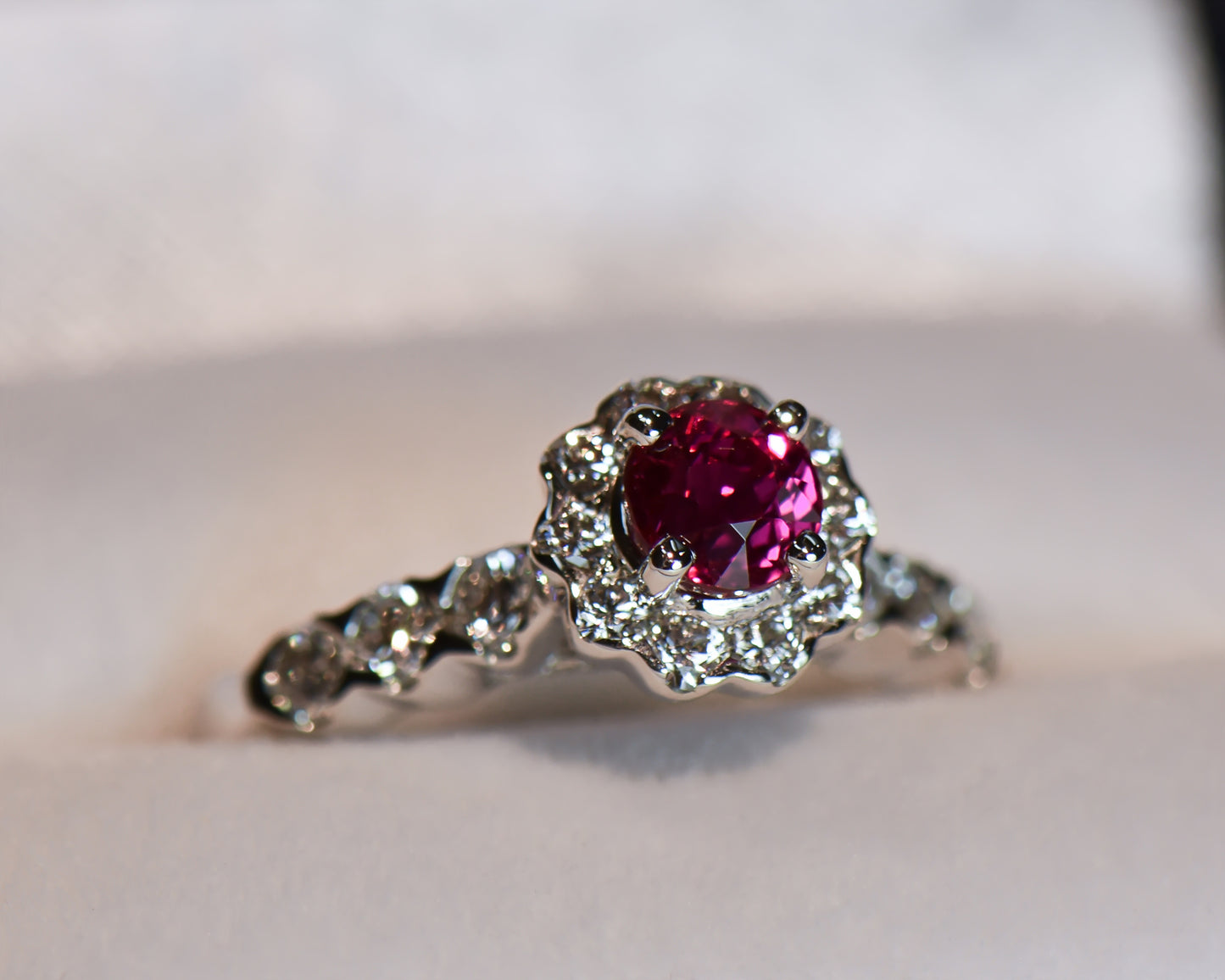 Custom Halo Engagement Ring with 1ct Round Burmese Pink-Red Ruby