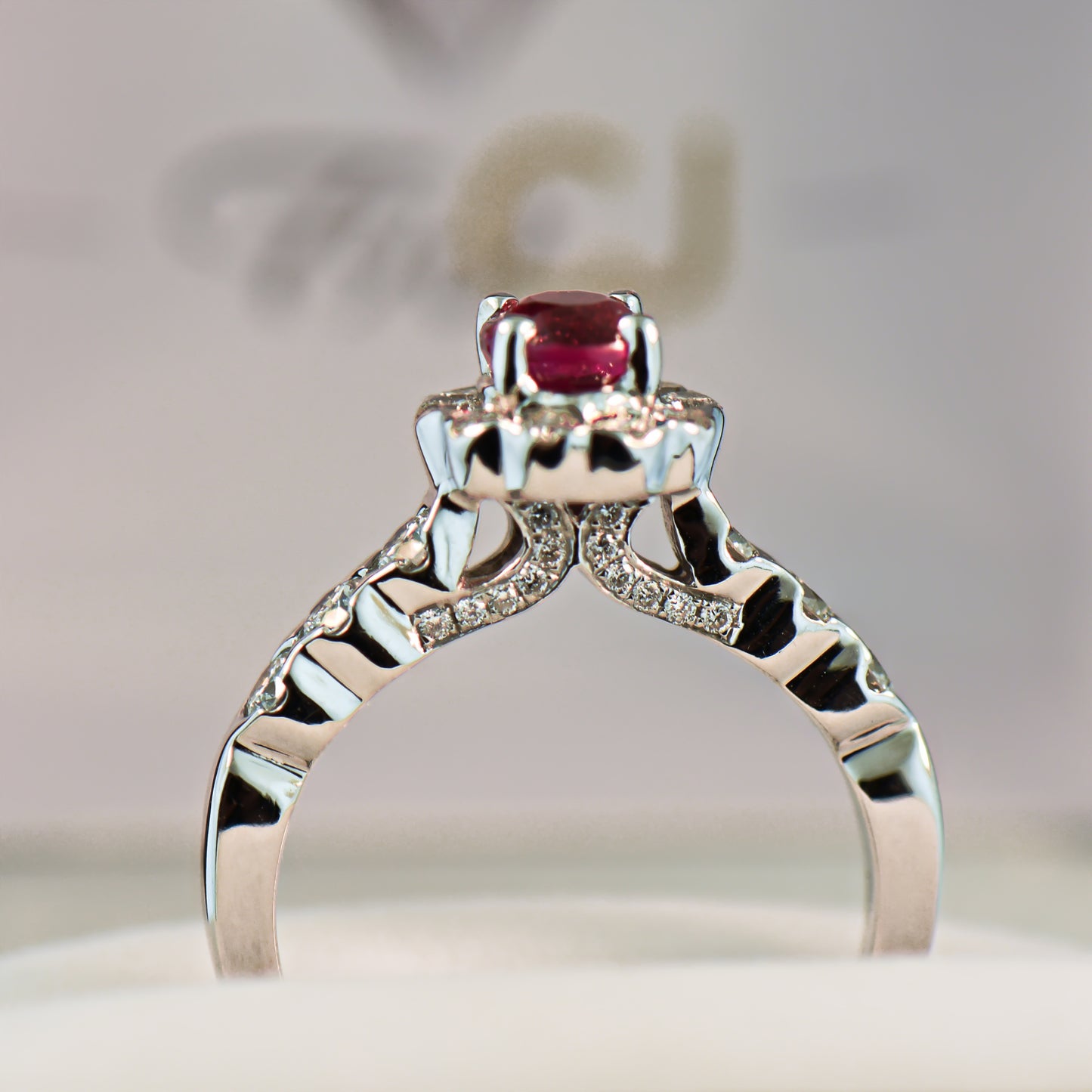 Custom Halo Engagement Ring with 1ct Round Burmese Pink-Red Ruby