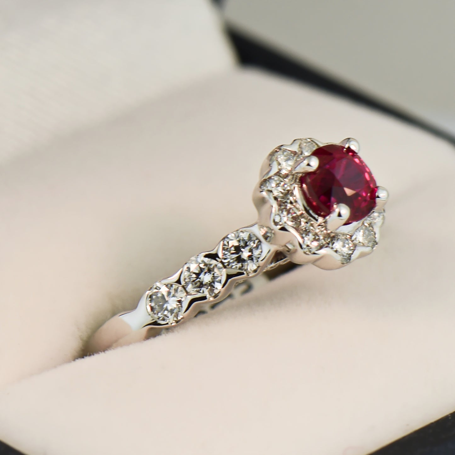 Custom Halo Engagement Ring with 1ct Round Burmese Pink-Red Ruby