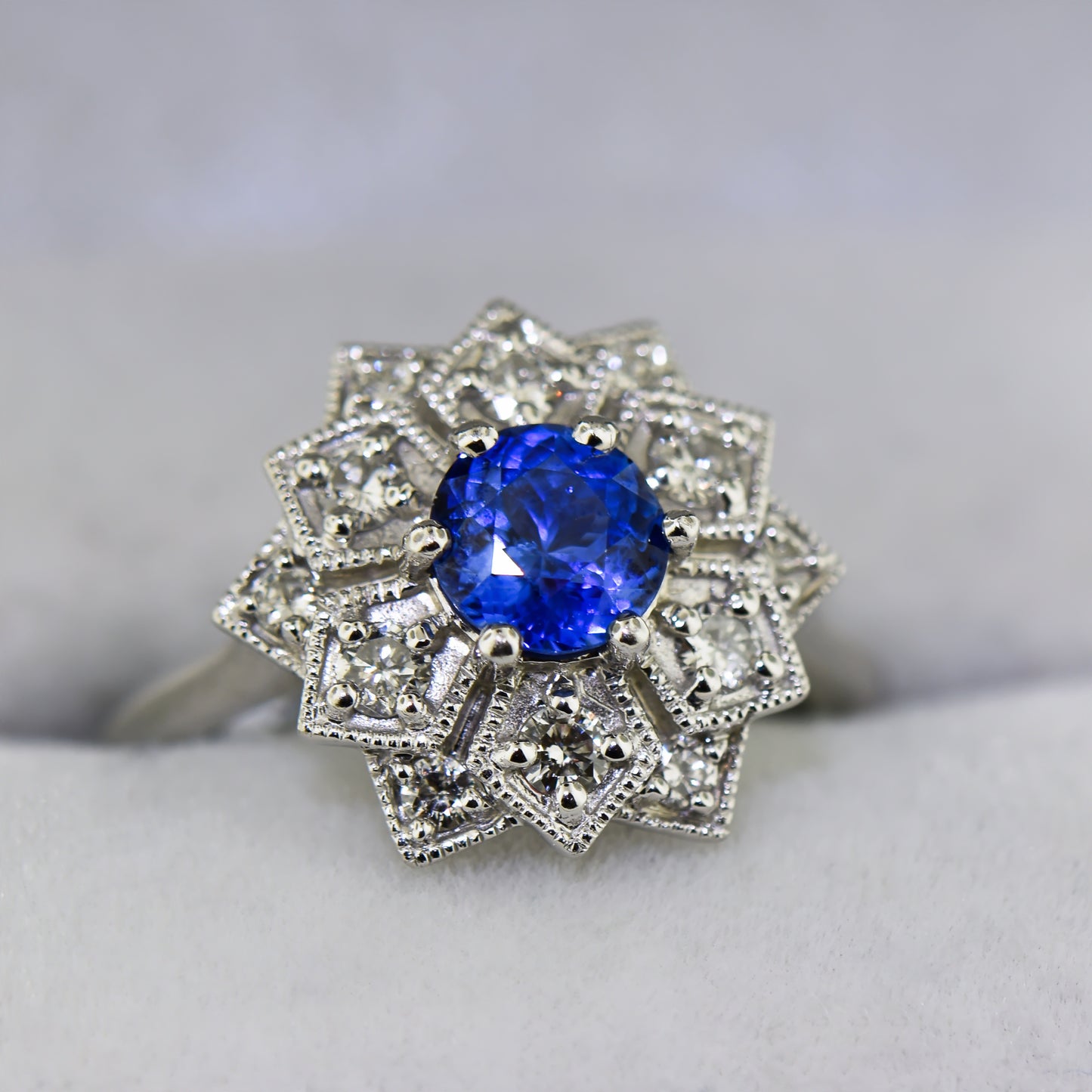 Custom Mandala Engagement Ring with Cornflower Blue Sapphire