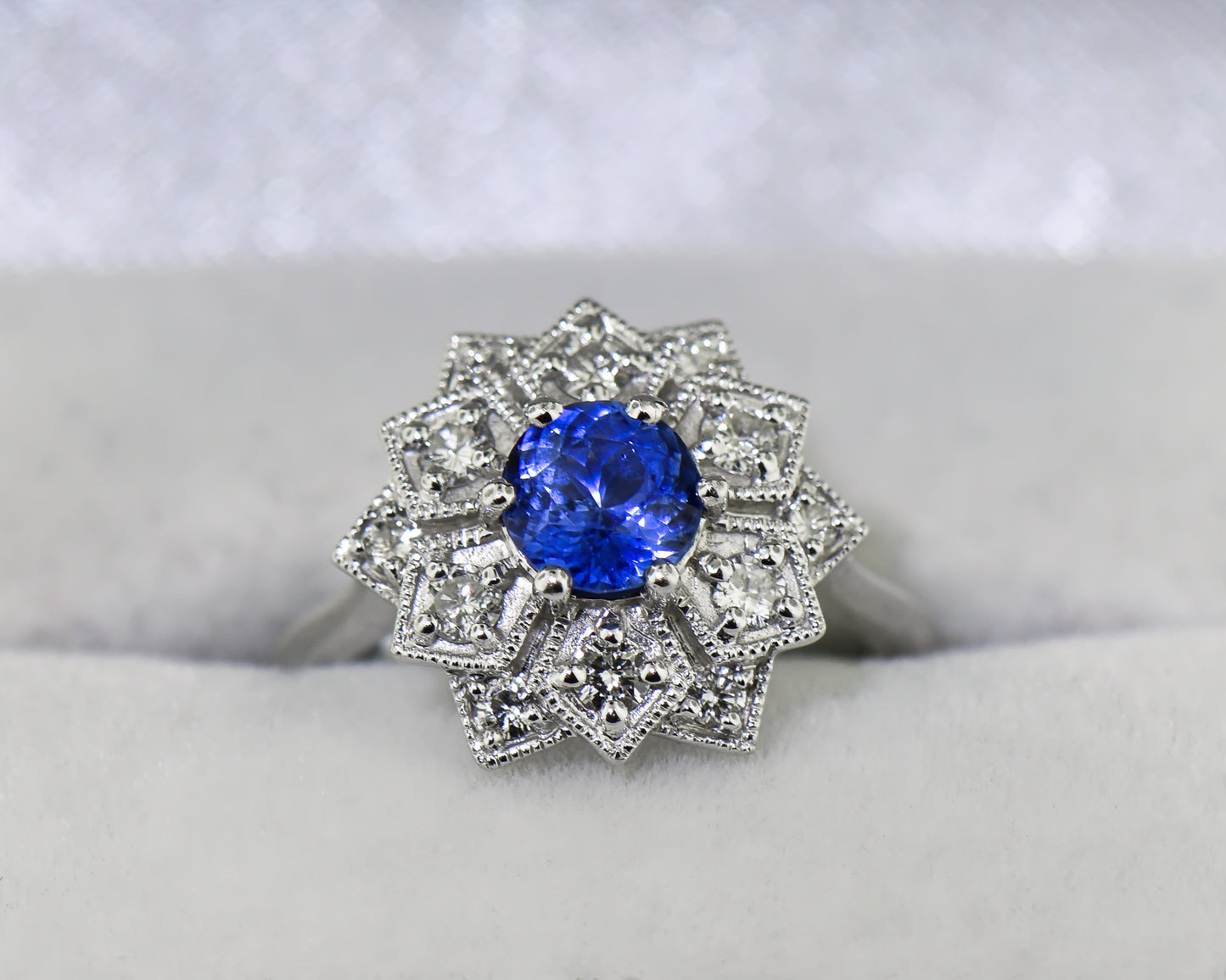 Custom Mandala Engagement Ring with Cornflower Blue Sapphire