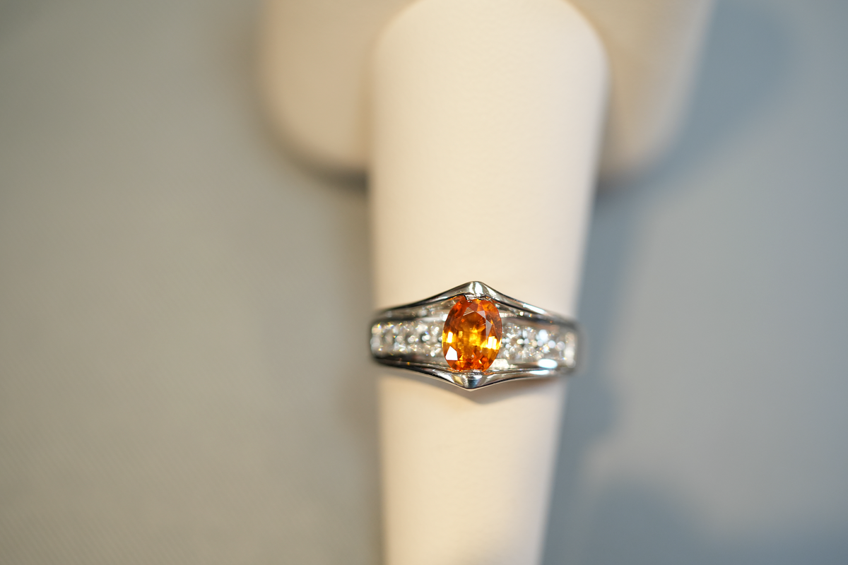 Custom Platinum Waterfall Ring with Orange Sapphire & Diamonds
