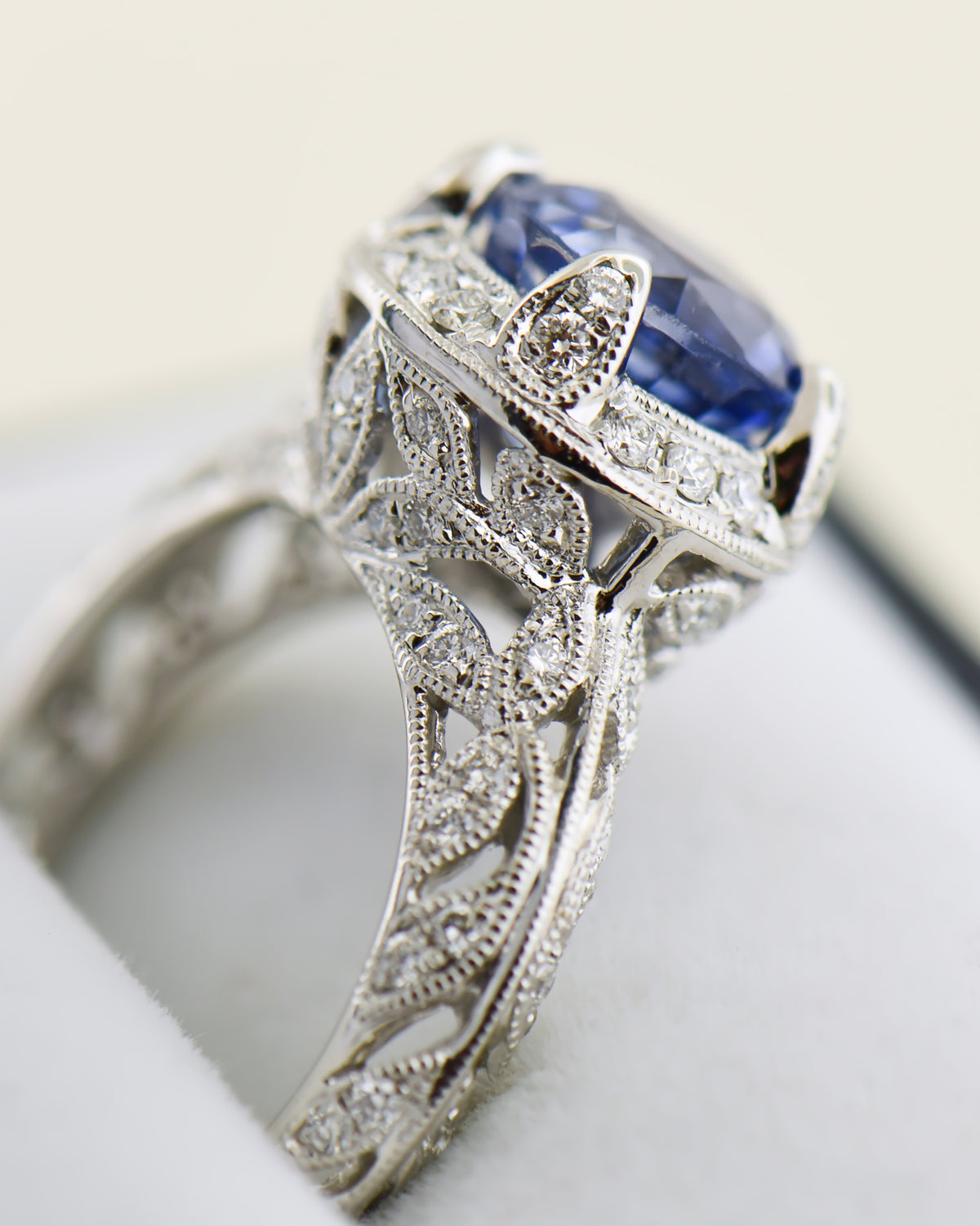 Custom White Gold Filigree Ring with Large Ceylon Sapphire
