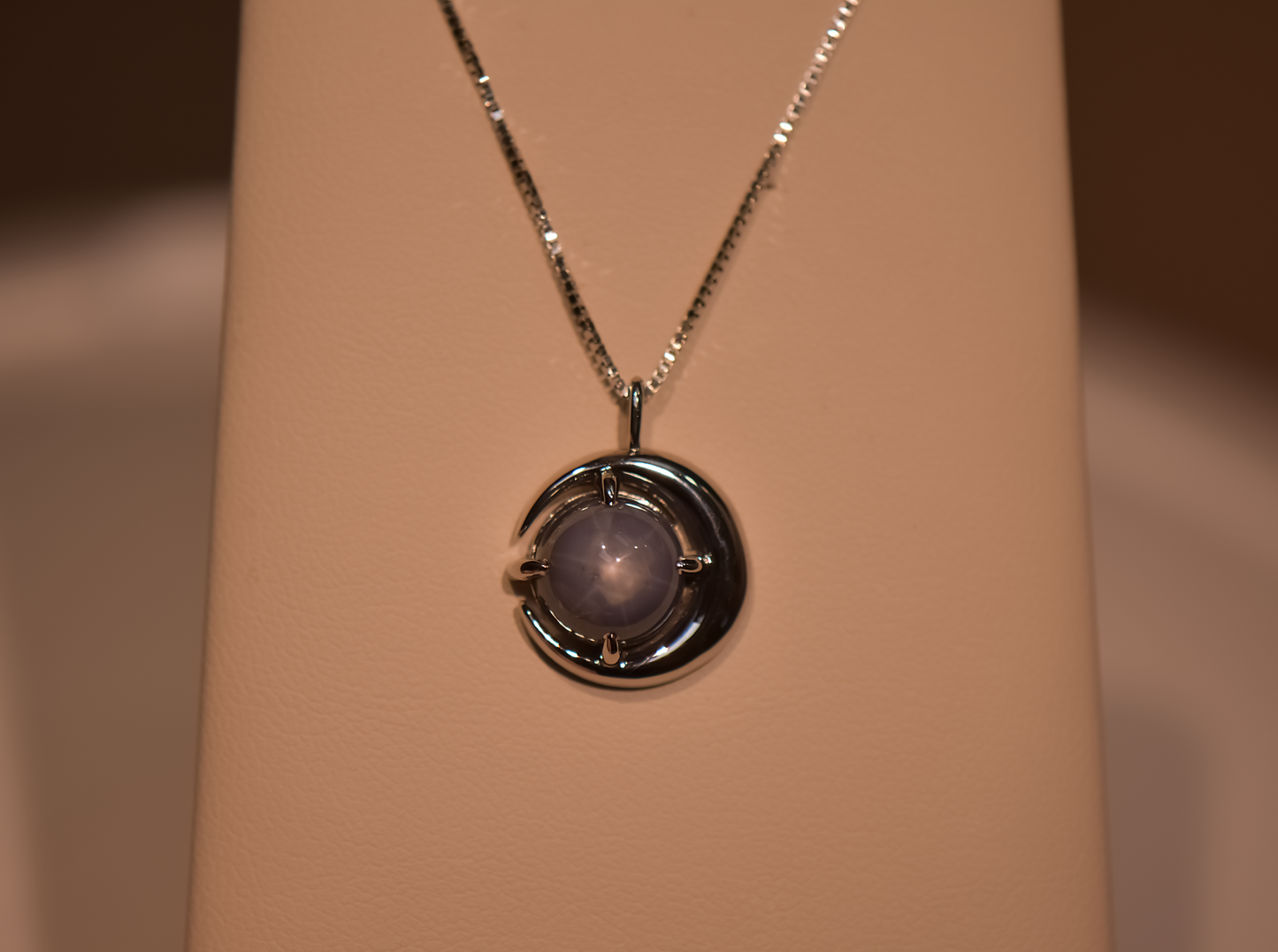 Custom White Gold Moon Necklace with Star Sapphire - Moon & Stars Necklace