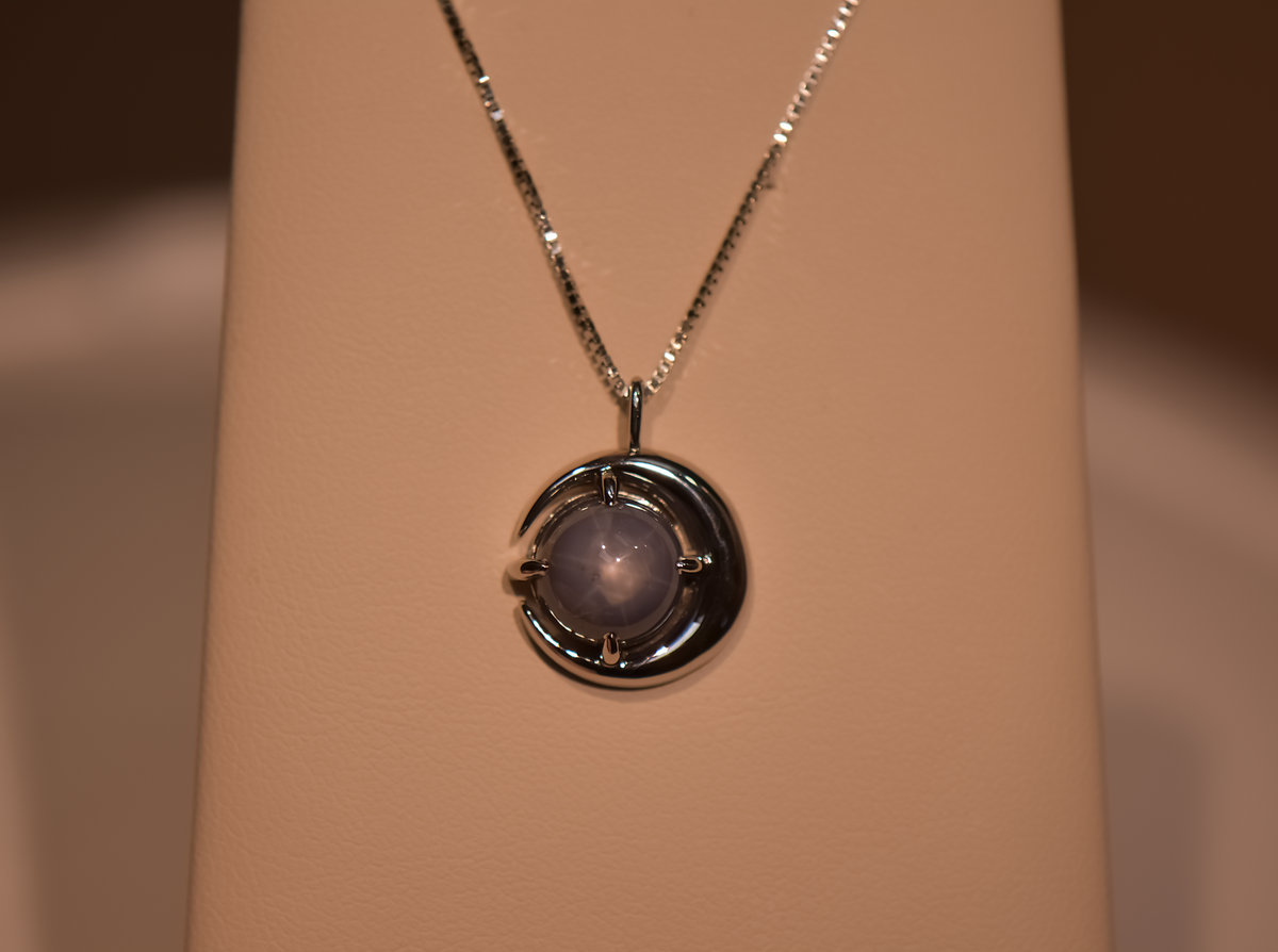 Custom White Gold Moon Necklace with Star Sapphire - Moon & Stars Necklace
